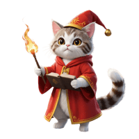 a cute cat dressed as a wizard casting fire spell with staff and holding a open book on the in other hand, wearing red robe
