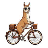 a llama wearing aviator goggles riding a vintage bicycle