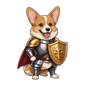 A corgi knight in shimmering armor, with a golden shield