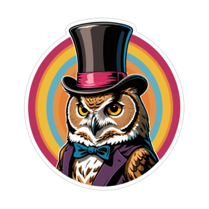 A stoic owl as a colorful carnival ringleader with a top hat