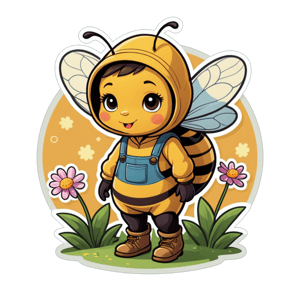 A bee as bee gardener wearing a petal hat and pollen-dusted overalls