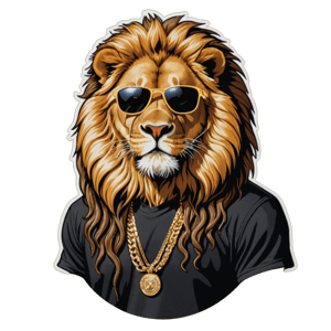 A majestic lion wearing hip-hop attire complete with gold chains and sunglasses