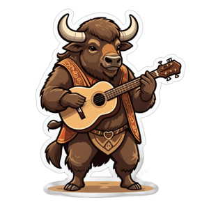 A bison as a Renaissance bard, with a guitar in hand, and a troubadour’s hat