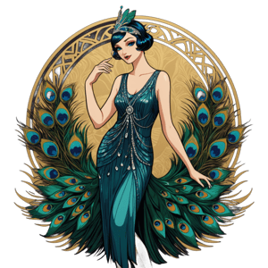 A 1920s flapper reimagined as a peacock, feathers flowing into a dazzling art deco dress shimmering with speakeasy glamour