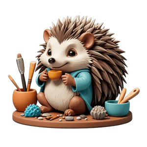 A hedgehog crafting pottery, surrounded by clay, its spines creatively studded with ceramic pieces and artisan tools