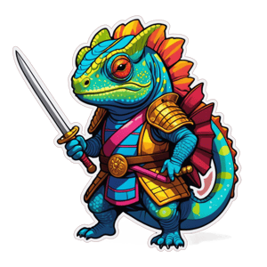 A chameleon dressed as a samurai warrior, vivid and colorful armor blending with a spectrum of bright hues