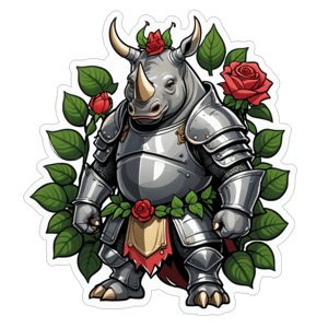 A rhinoceros adorned in botanical-themed knight armor, with rose thorns and green vines, poised for battle