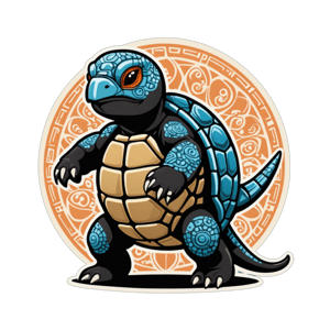 A turtle characterized as a ninja, with a patterned shell resembling ancient Japanese mosaics, stealthy and agile