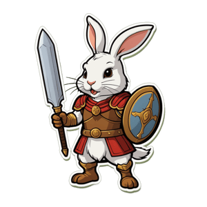 An intrepid rabbit as a Roman gladiator, wearing a helmet fashioned from an acorn, in a fierce stance