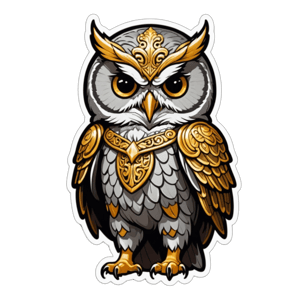 An owl as a medieval warrior, fashioned with golden ornaments